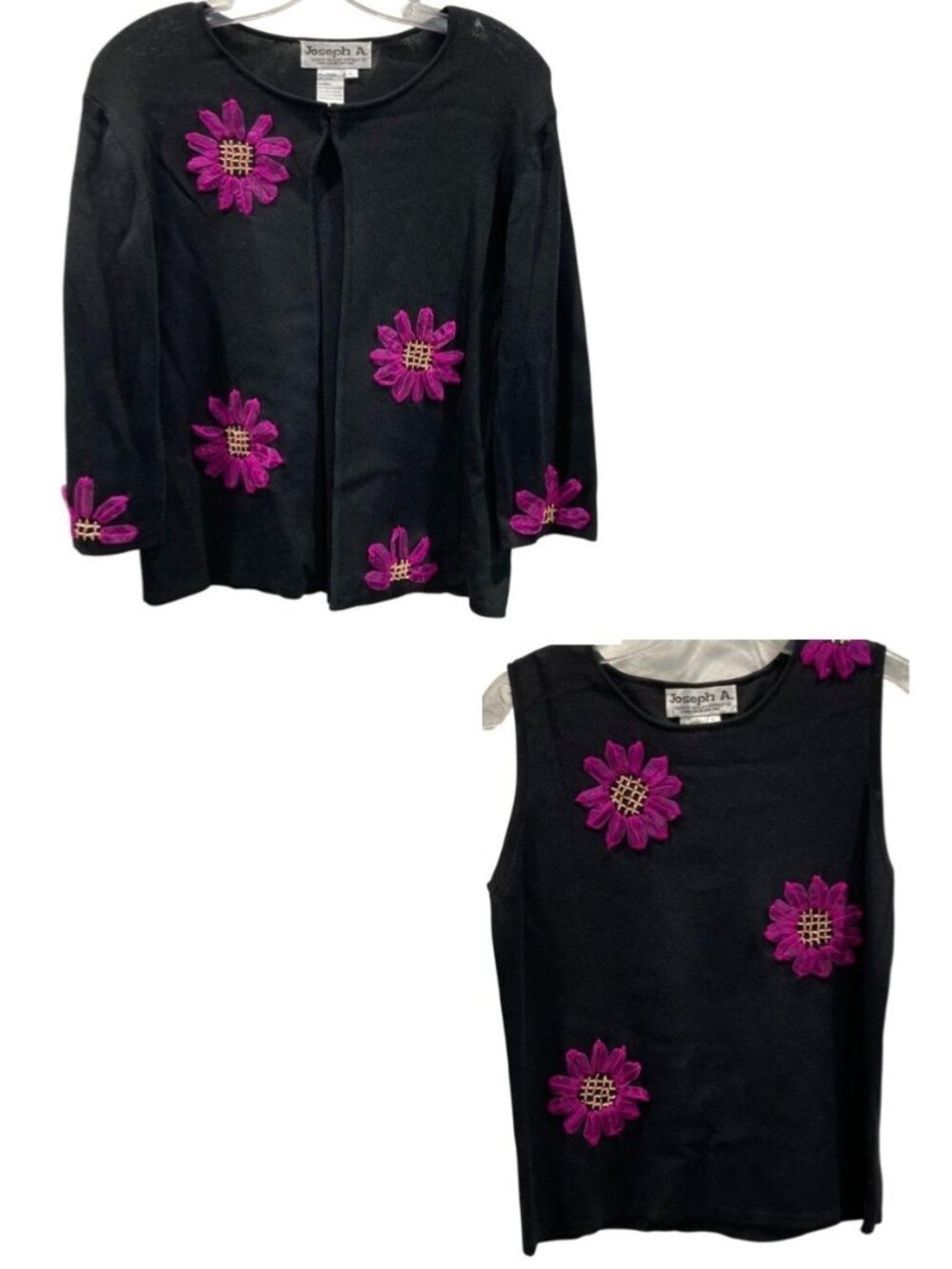 Vintage 90s Joseph A Cottagecore Cardigan Twin Set L Black Floral Fairy Artsy